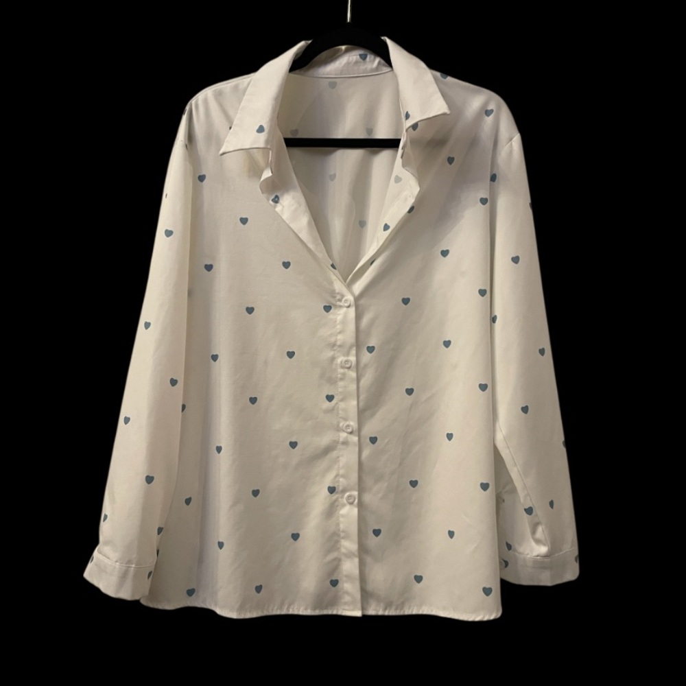 Long sleeve white blouse with baby blue hearts NWOT